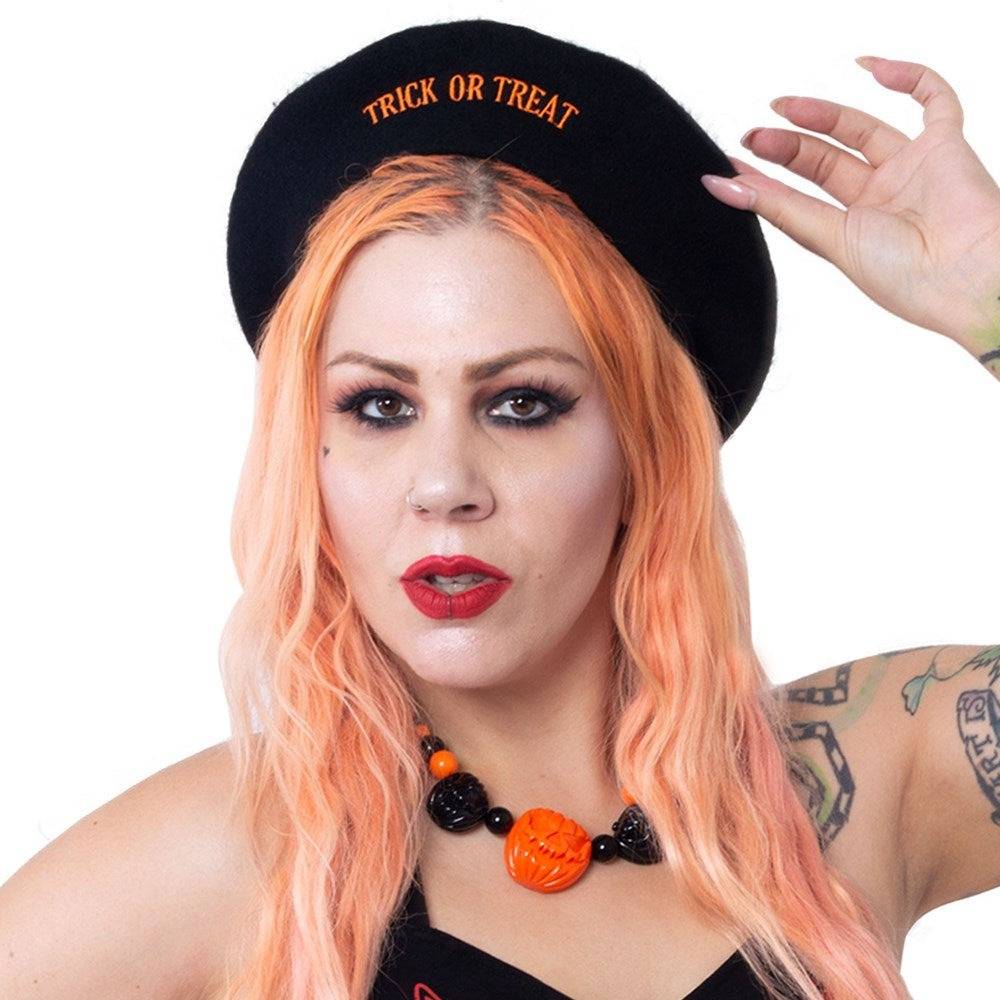 Kreepsville - Trick Or Treat Pumpkin Beret - Black/Orange